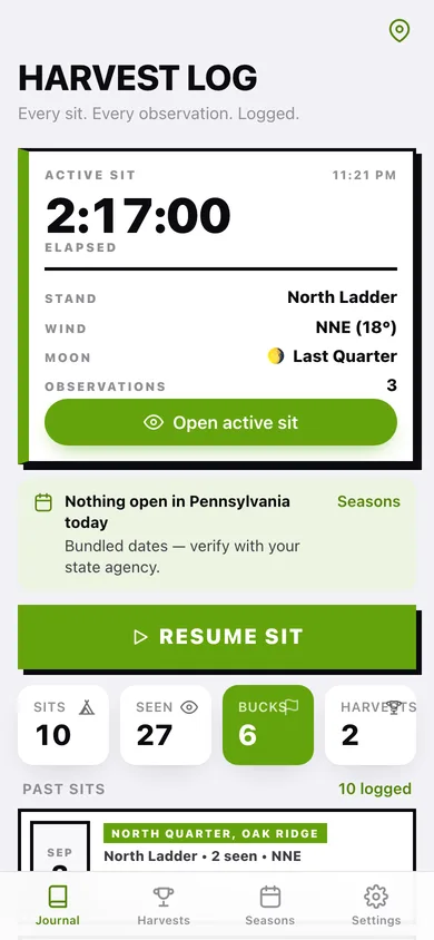 Harvest Log web app — screen 1