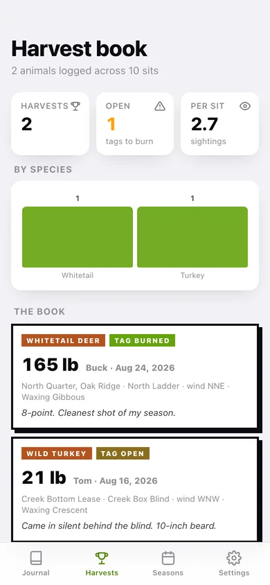 Harvest Log web app — screen 3