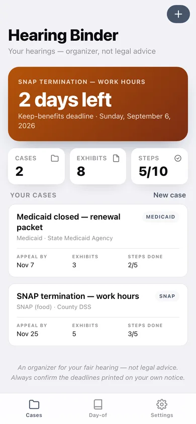 Hearing Binder web app — screen 1
