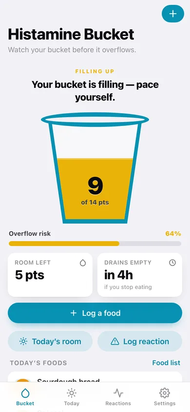 Histamine Bucket web app — screen 1