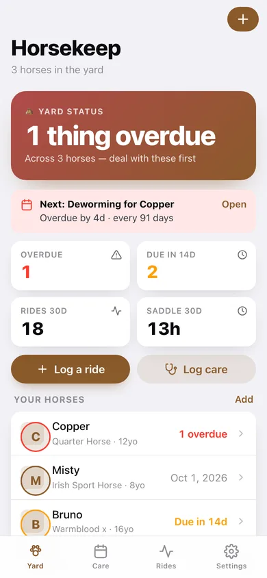 Horsekeep web app — screen 1