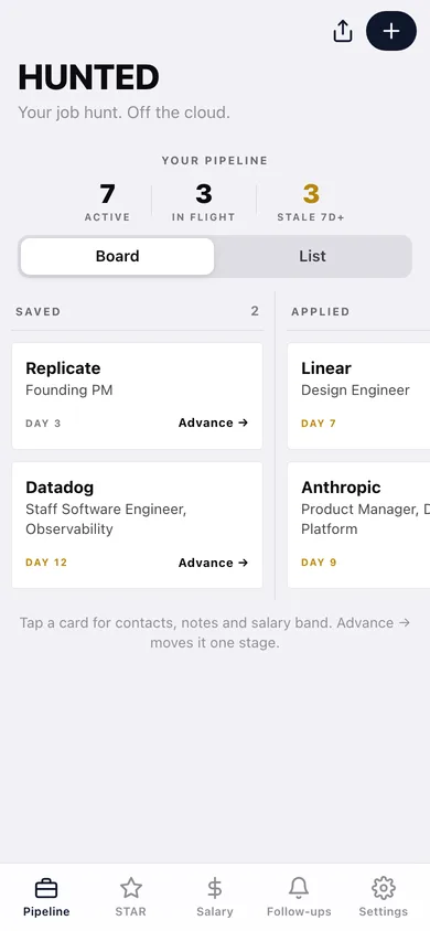 Hunted web app — screen 1