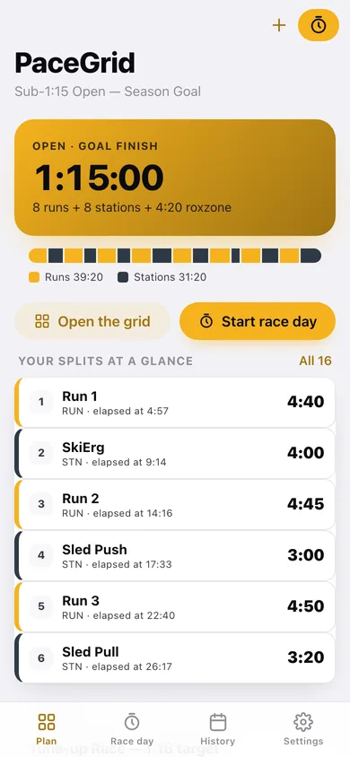 PaceGrid web app — screen 1