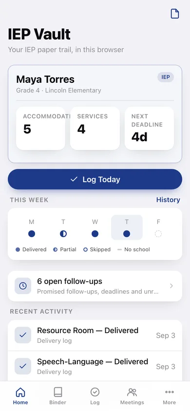 IEP Vault web app — screen 1