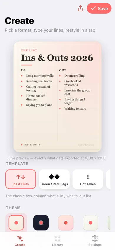 Ins & Outs web app — screen 1