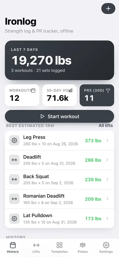 Ironlog web app — screen 1