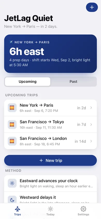 JetLag Quiet web app — screen 1
