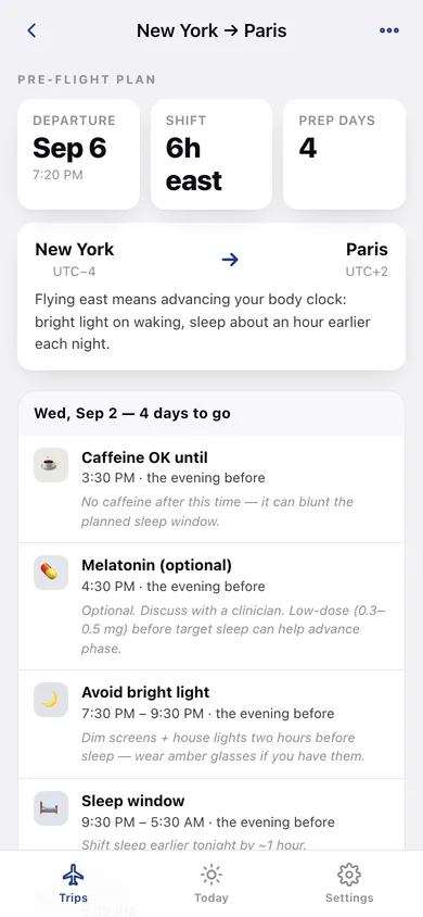 JetLag Quiet web app — screen 2