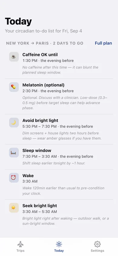 JetLag Quiet web app — screen 3