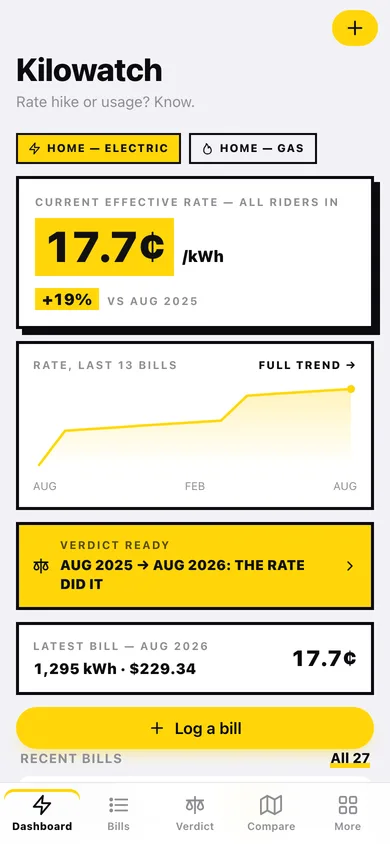 Kilowatch web app — screen 1