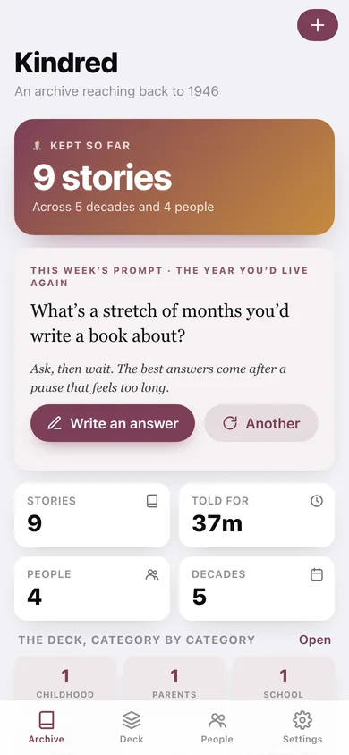 Kindred web app — screen 1