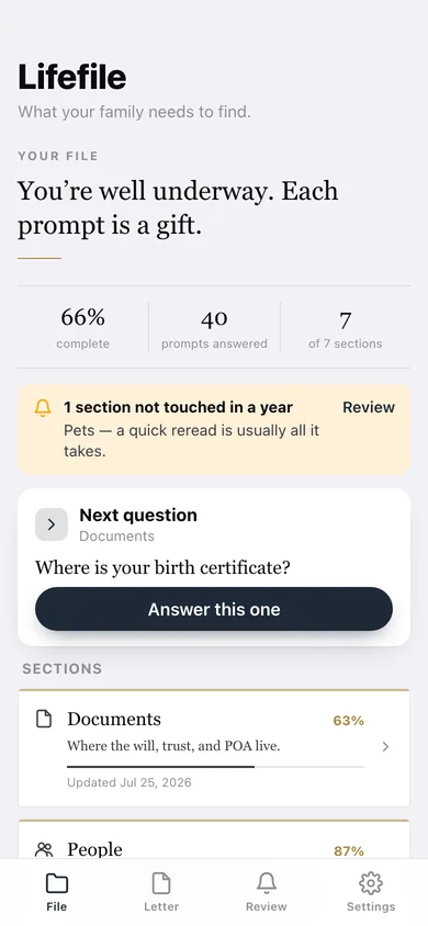 Lifefile web app — screen 1