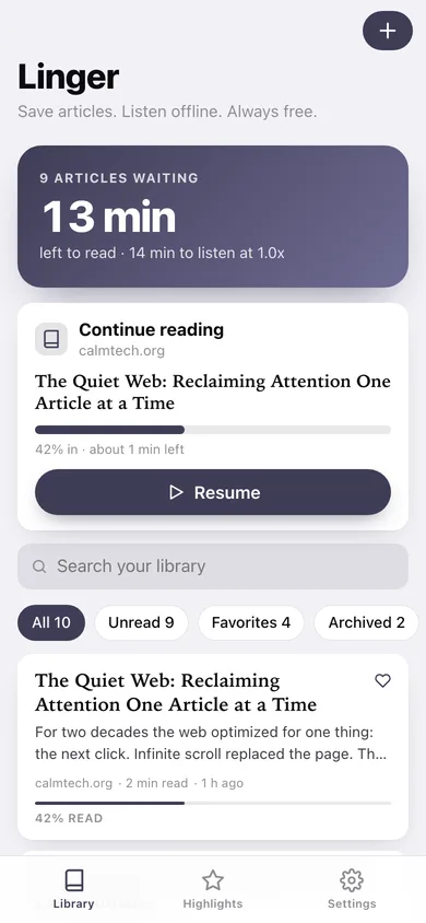 Linger web app — screen 1