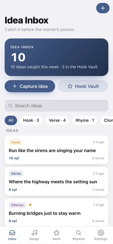 Lyricpad web app — screen 1
