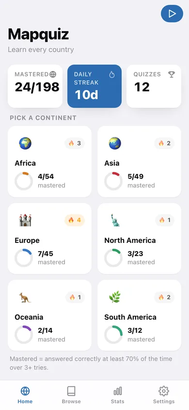 Mapquiz web app — screen 1