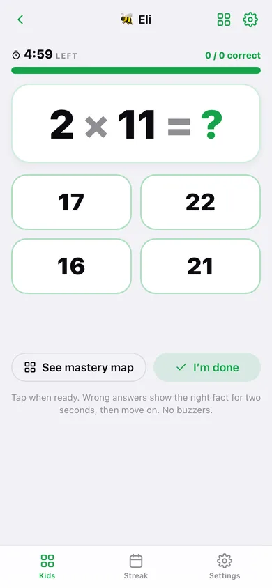 Math Blast web app — screen 2