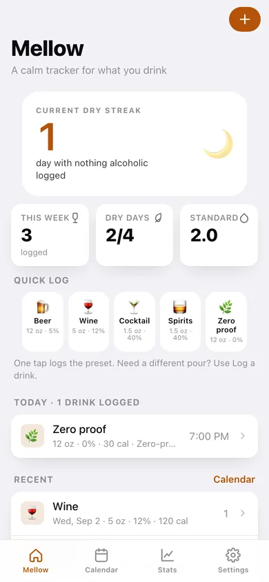 Mellow web app — screen 1