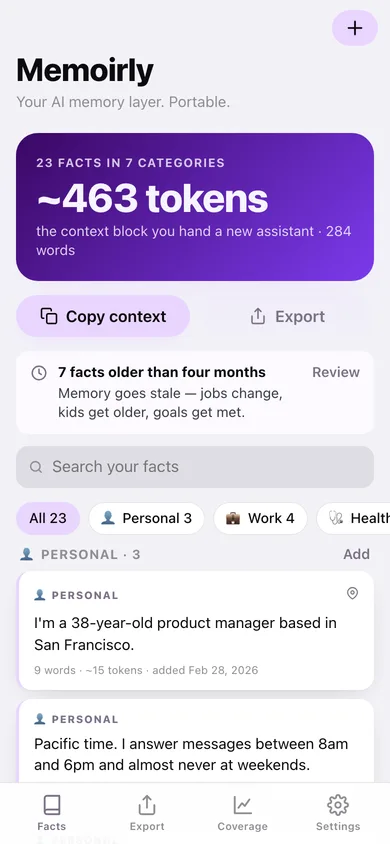 Memoirly web app — screen 1