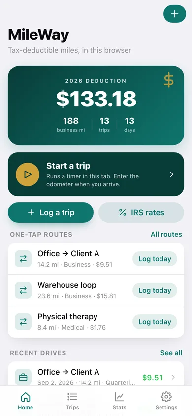 MileWay web app — screen 1