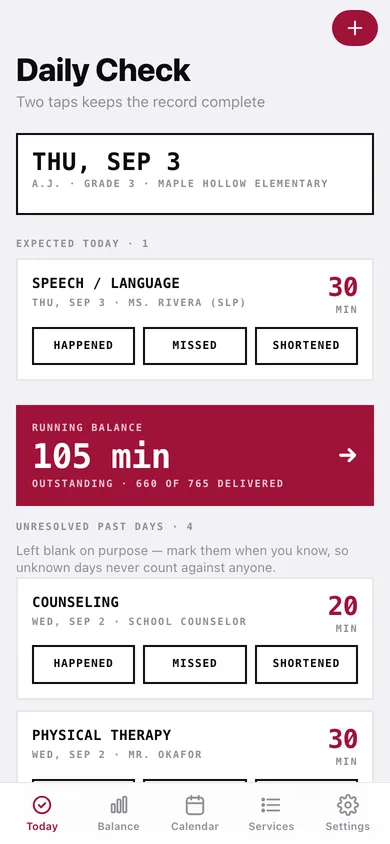 Minutes Owed web app — screen 1