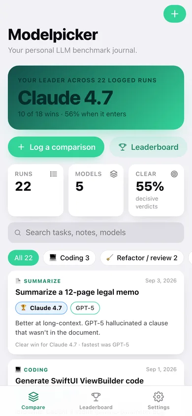 Modelpicker web app — screen 1