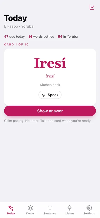 Mothertongue web app — screen 1