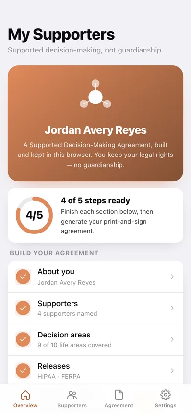 My Supporters web app — screen 1