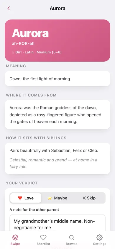Namesake web app — screen 2