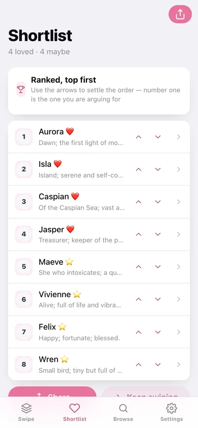 Namesake web app — screen 3