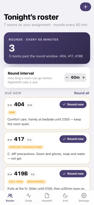 Nightshift web app — screen 1