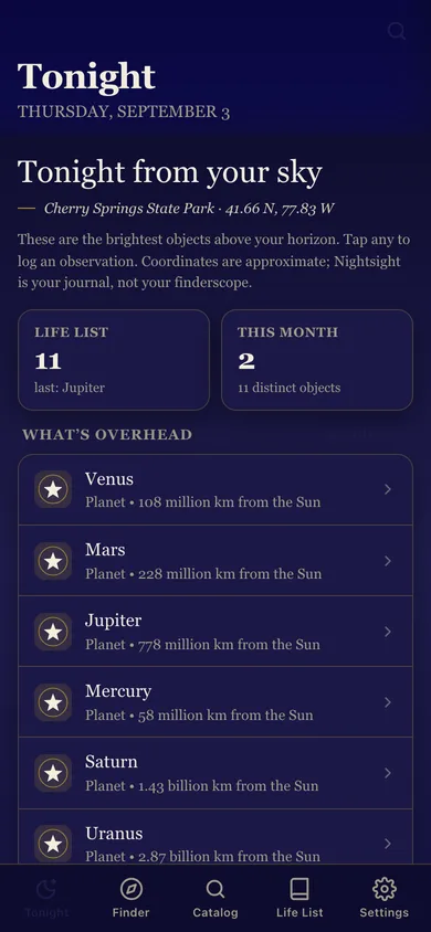 Nightsight web app — screen 1