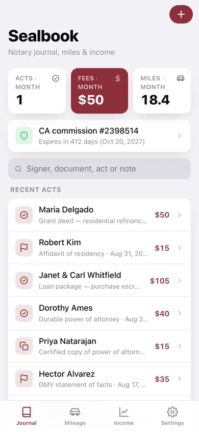 Sealbook web app — screen 1