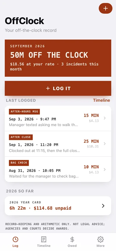OffClock web app — screen 1