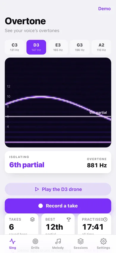 Overtone: Harmonic Singing web app — screen 1