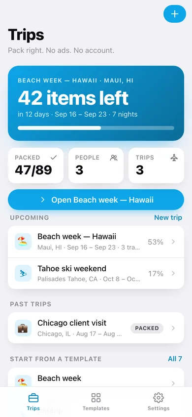 Packlist web app — screen 1