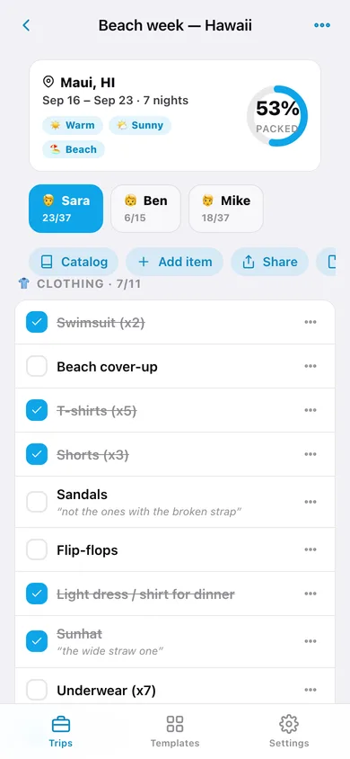 Packlist web app — screen 2