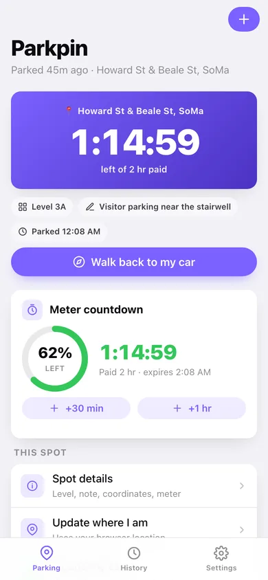 Parkpin web app — screen 1