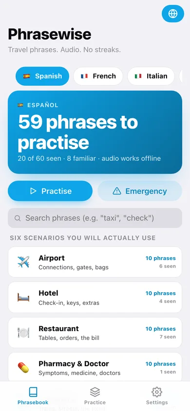 Phrasewise web app — screen 1