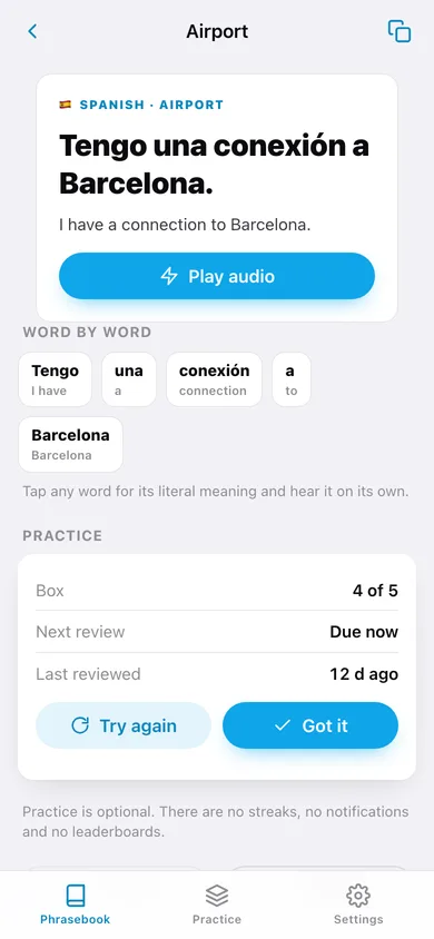 Phrasewise web app — screen 2