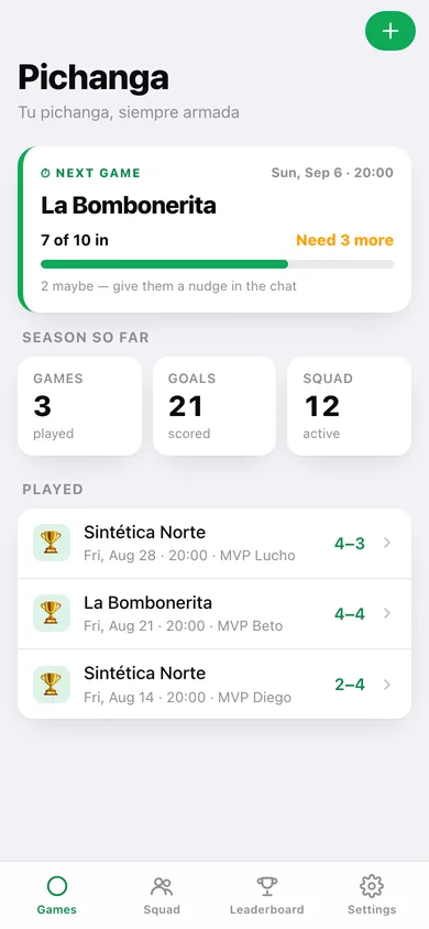 Pichanga web app — screen 1