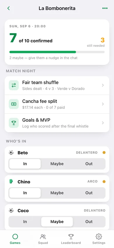 Pichanga web app — screen 2