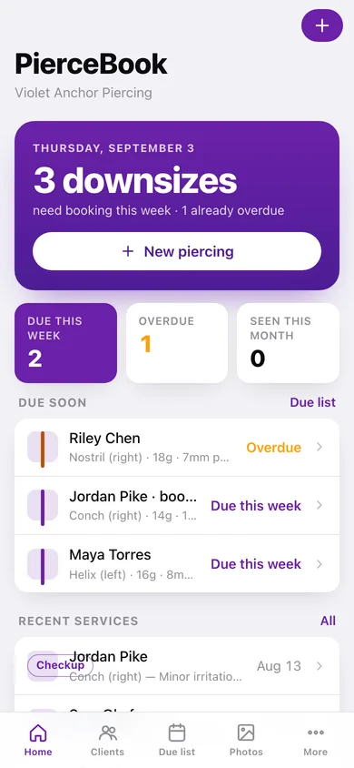 PierceBook web app — screen 1
