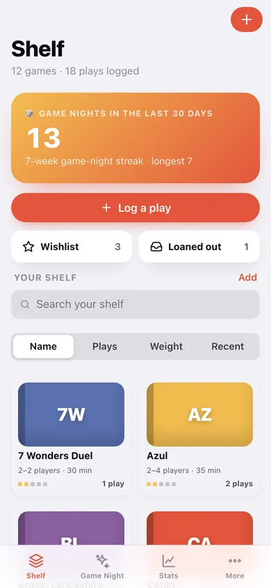 Playtally: Board Game Log web app — screen 1