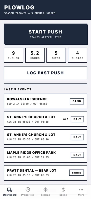 PlowLog web app — screen 1