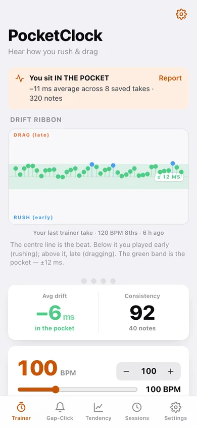 PocketClock: Timing Trainer web app — screen 1