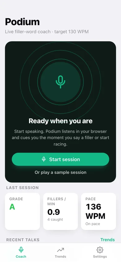 Podium: Speech Coach web app — screen 1