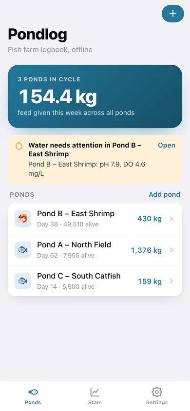 Pondlog web app — screen 1