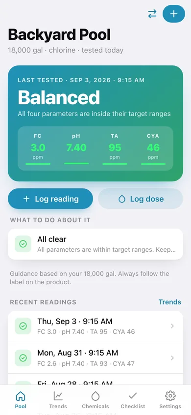 Poollog web app — screen 1