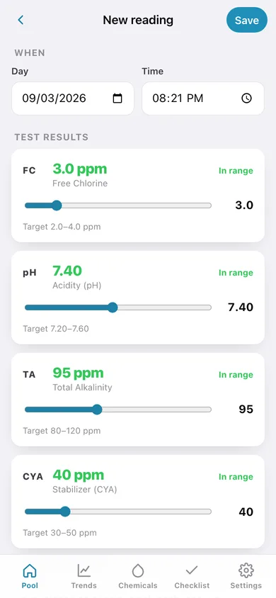 Poollog web app — screen 2