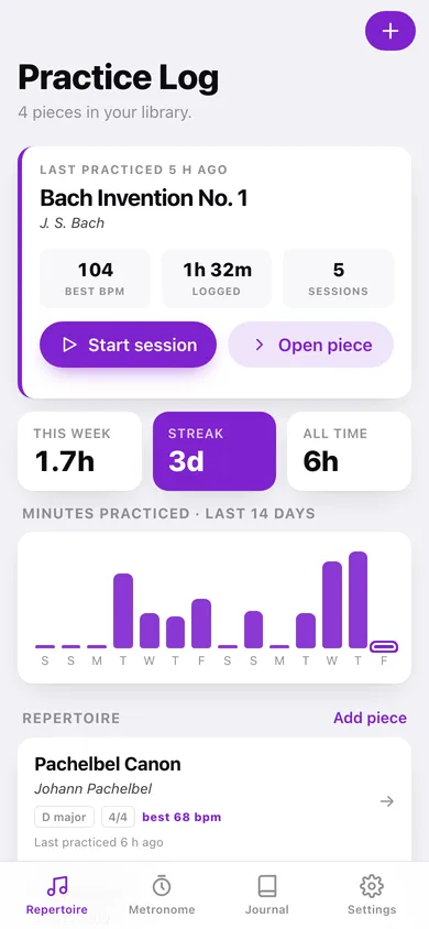 Practice Log web app — screen 1